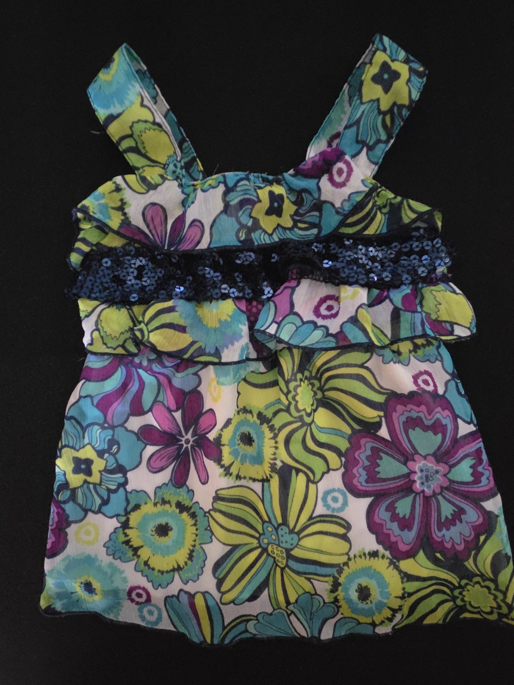 Girls Floral Ruffle Tank with Sequin Trim - Turquoise, Lime & Purple Size 2T